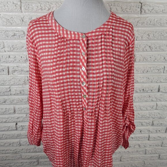 Ruby Rd Women Top 1X Plus Tunic Red Gingham Check Semi Sheer Pintuck PLA27E - Picture 3 of 9